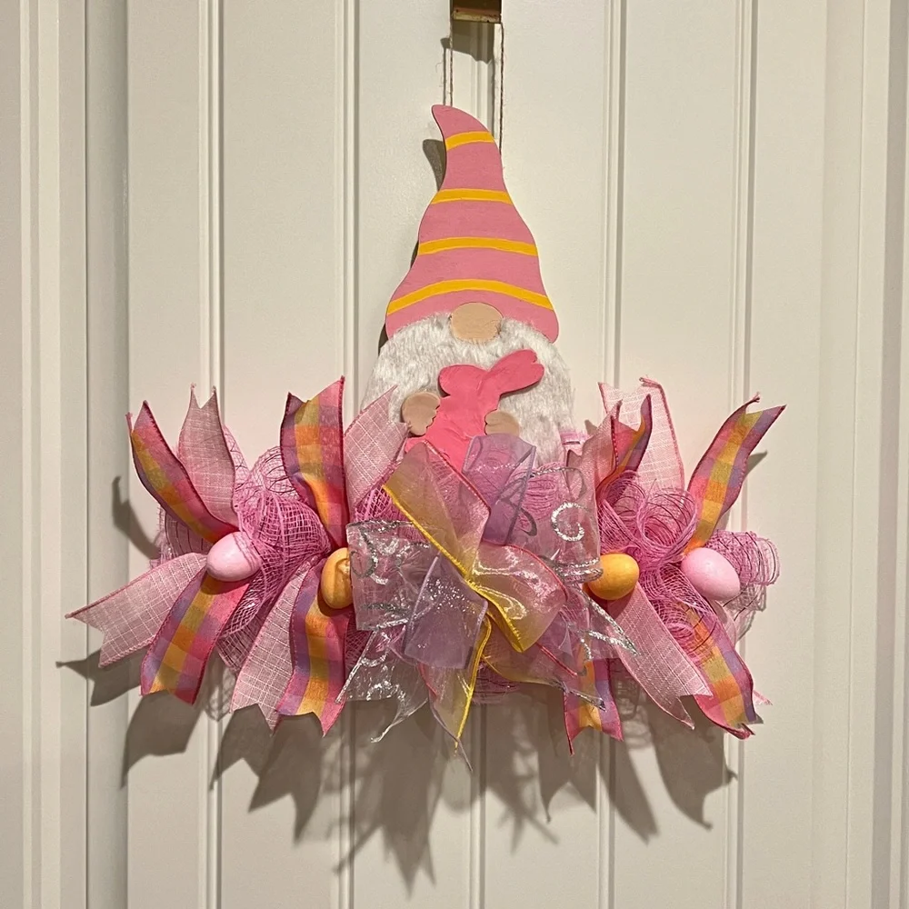 14” Easter Spring Ribbon Bow Wreath Rail Gnome Handmade Pink Orange Hndmd Gr2